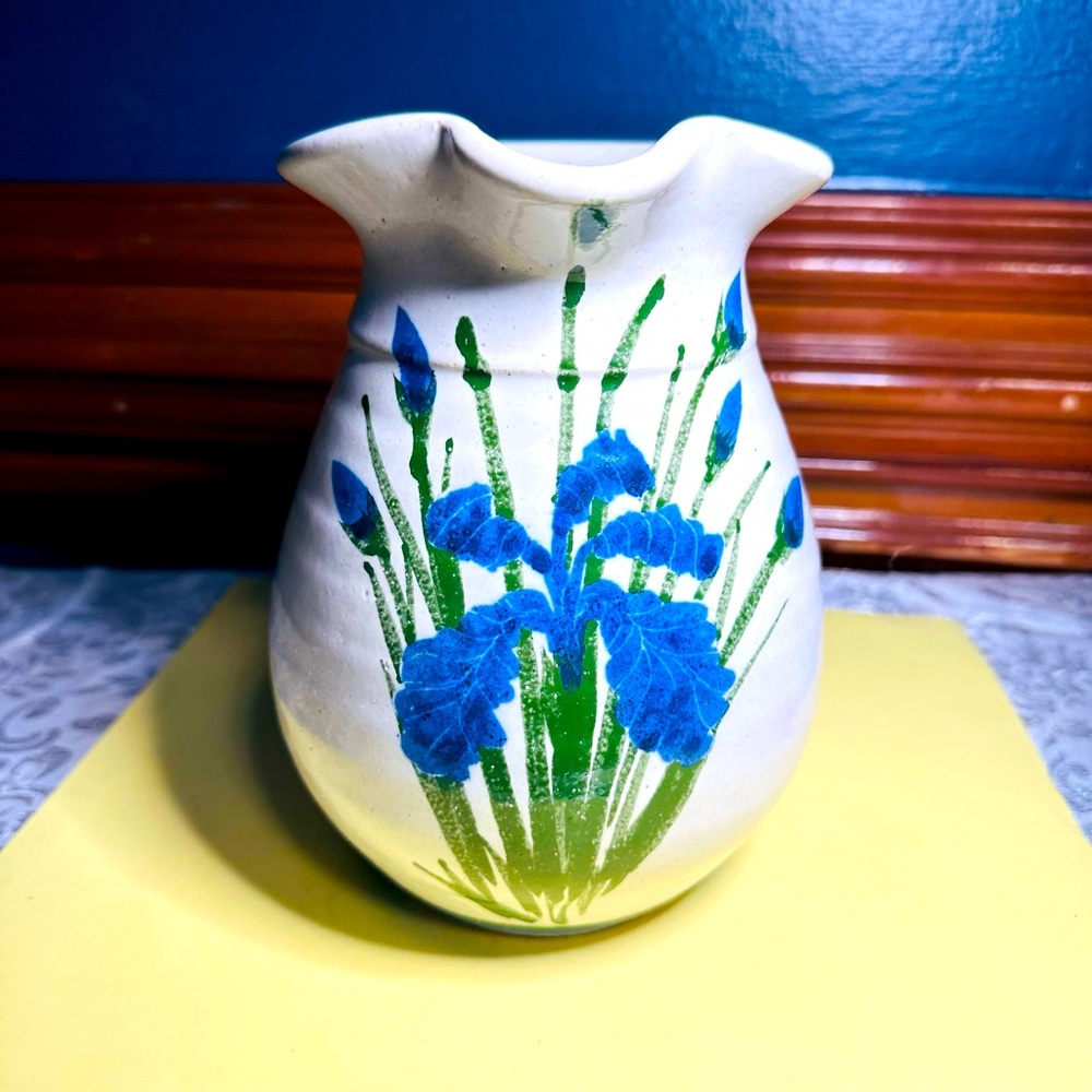 Vintage Calypso Pottery Stoneware Pitcher with Blue Flowers Hand Painted